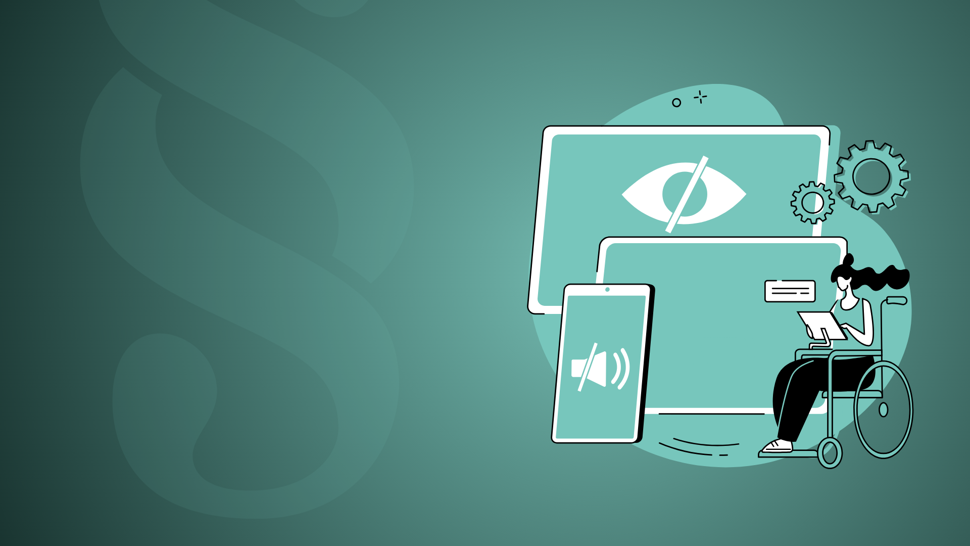 Titelgrafik zum Thema barrierefreie Websites: Illustration mit Rollstuhlnutzerin, Symbolen für Seh- und Hörbehinderungen sowie Paragrafenzeichen als Hinweis auf gesetzliche Vorgaben.